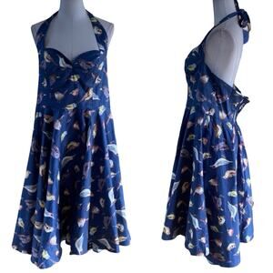 MISS LULO HALTER BIRD DRESS 2X plus navy blue ROCKABILLY PIN UP retro woody wood